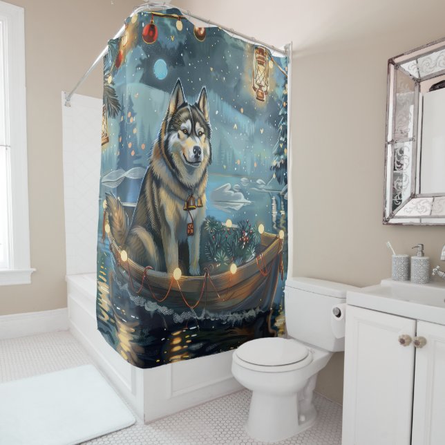 Rideaux De Douche Alaskan Malamute Noël Festive Voyage (En situation)