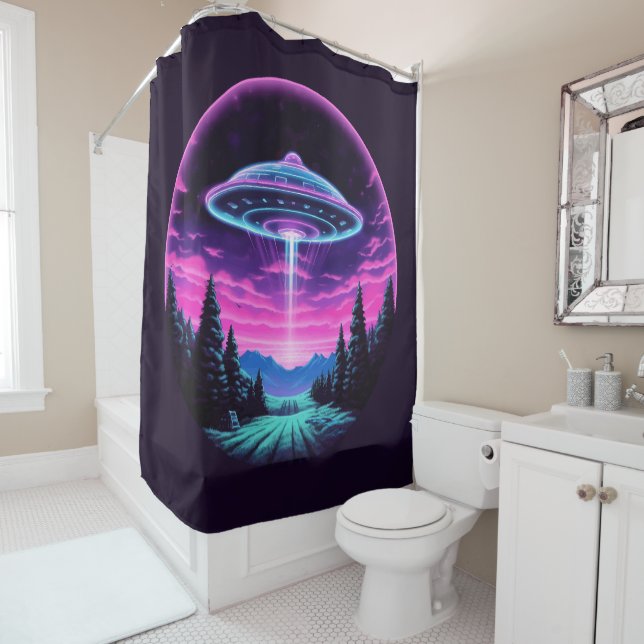 Rideaux De Douche Alien vaisseau spatial rétro futuriste (En situation)