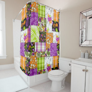 Rideaux De Douche Aloha Patchwork Hawaiian Tropical Prints - Violet