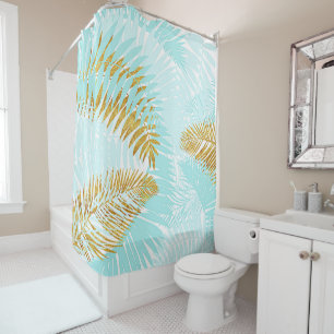 Rideaux De Douche Aloha-Tropical Gold Metal Foil Aqua Palm Feuilles