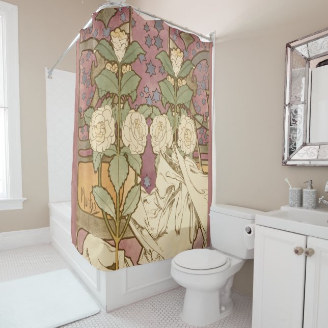 Rideaux De Douche Alphonse Mucha Elegant Art Nouveau Stars Camellia  (En situation)