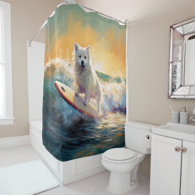 Rideaux De Douche American Eskimo Beach Surf Peinture (En situation)