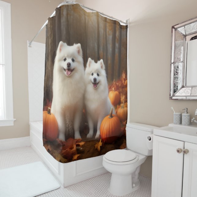 Rideaux De Douche American Eskimo Chiot Automne Citrouille délice (En situation)