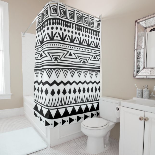 Rideaux De Douche Amérindien Sud-Ouest Noir Blanc Moderne Boho (En situation)