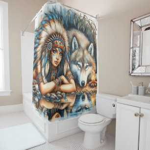 Rideaux De Douche Amérindienne et son compagnon de loup