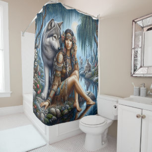 Rideaux De Douche Amérindiens et loups partagent la lune
