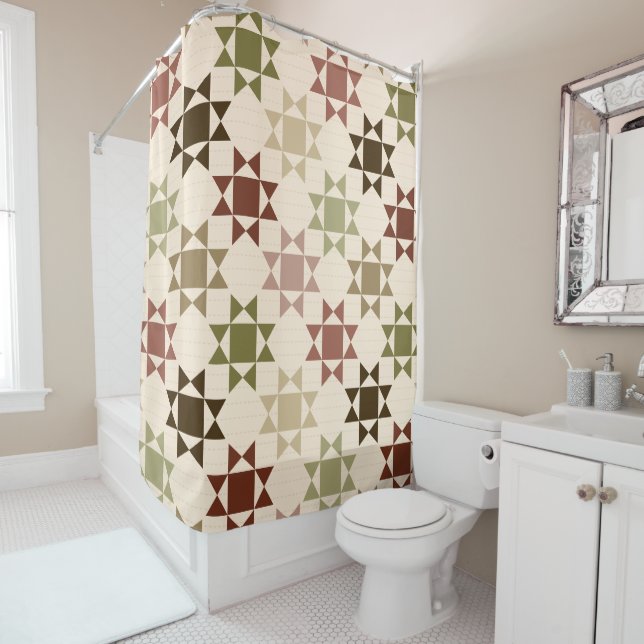 Rideaux De Douche Amish Quilt Imprimer Sage Vert, Motif Crème (En situation)