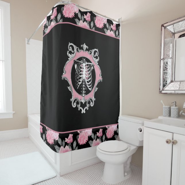 Rideaux De Douche Amour gothique | Squelette rose et noir Coeur flor (En situation)