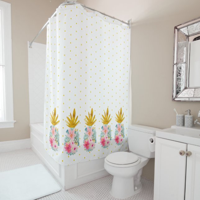 Rideaux De Douche Ananas tropicaux rose et or et Pois (En situation)