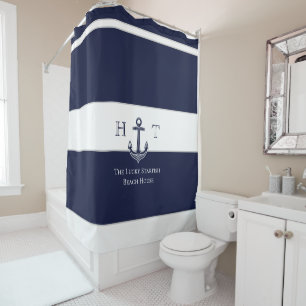 Rideaux De Douche Ancre bleue marine Nom du monogramme côtier