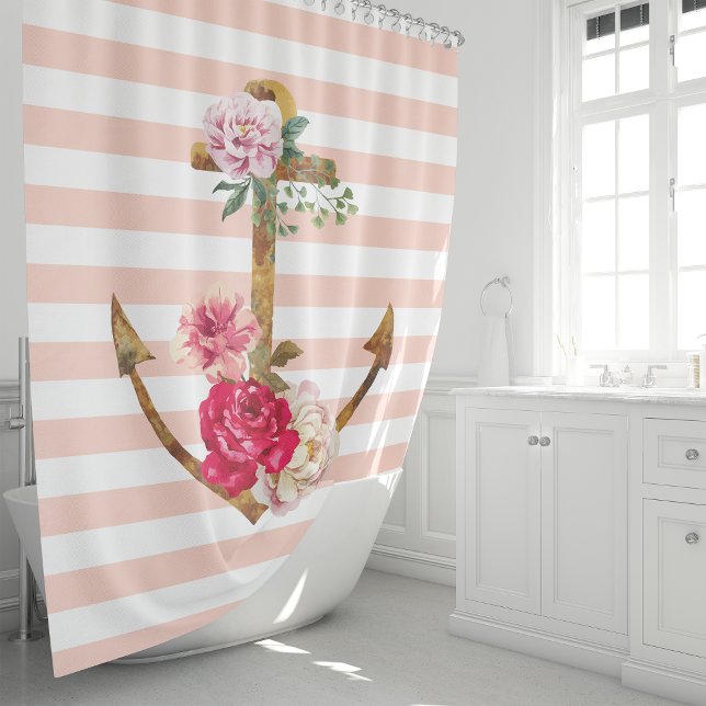 Rideaux De Douche Ancre florale rose rayures nautiques (Créateur téléchargé)
