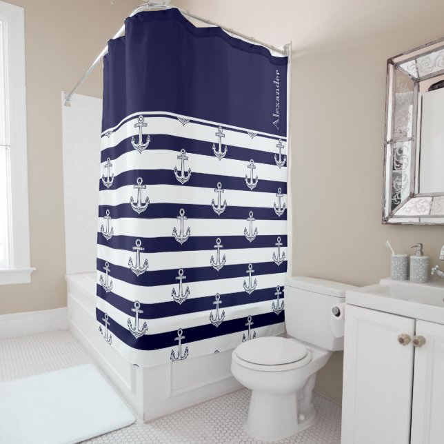Rideaux De Douche Ancre nautique Bleu et Blancs de marine (En situation)