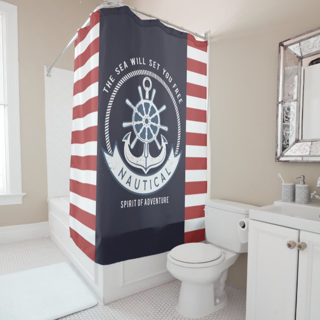 Rideaux De Douche Ancre nautique, Roue, Bleu marine, Bandes rouges (En situation)