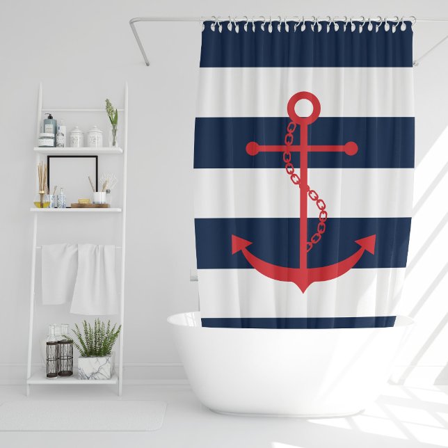 Rideaux De Douche Ancre rouge sur les bandes bleues (Créateur téléchargé)