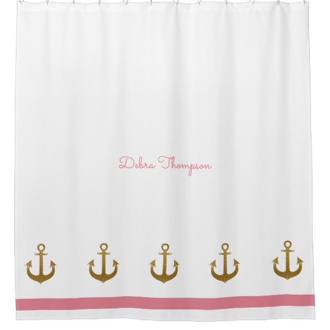 Rideaux De Douche ancres dorées, rose nautique et personnalisées (Devant)