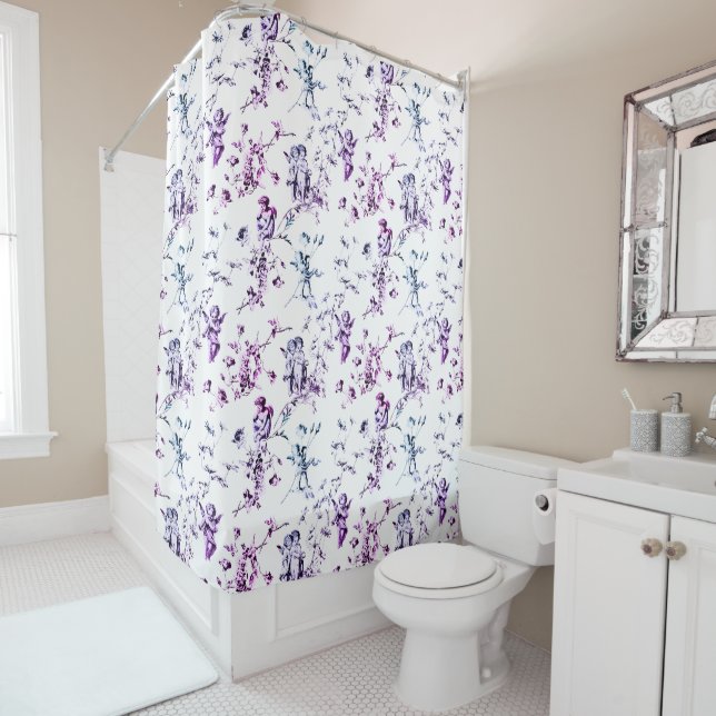 Rideaux De Douche Angels vintages cupides Floral Violet Bleu Toile (En situation)