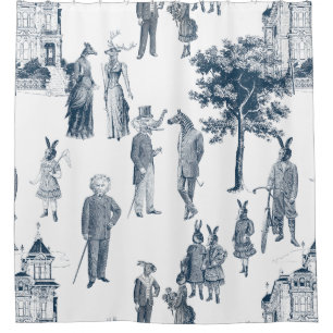 Rideaux De Douche animal victorien antique toile anthropomorphe bleu