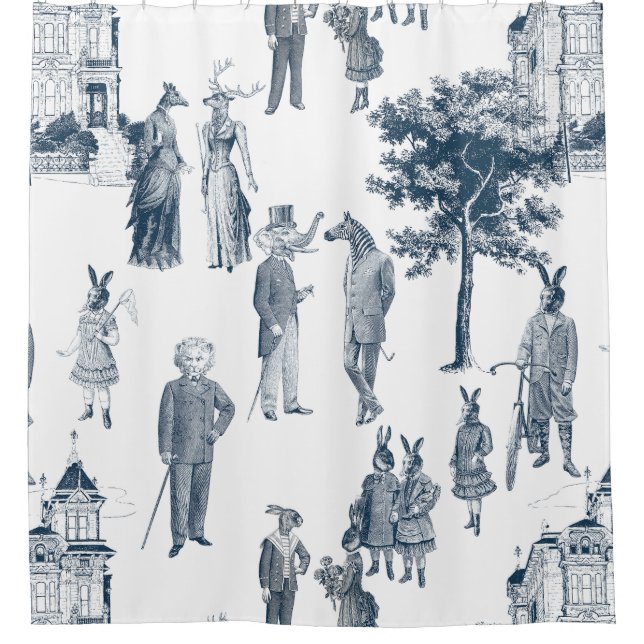 Rideaux De Douche animal victorien antique toile anthropomorphe bleu (Devant)