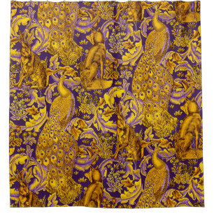 Rideaux De Douche ANIMAUX FORESTIERS Fox, Peacock, Lièvre Or violet 