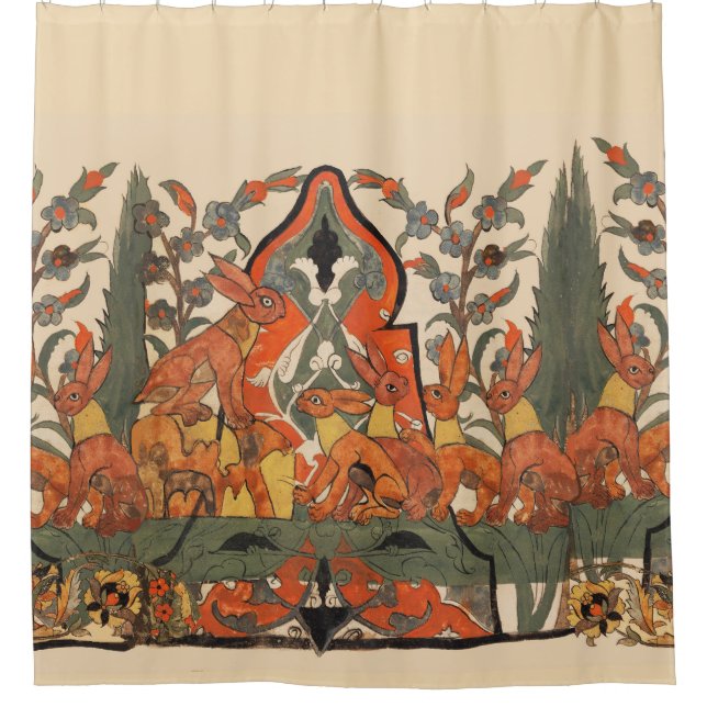 RIDEAUX DE DOUCHE ANIMAUX FORESTIERS, RABBITS ROUGES PARMI LES FLEUR (Devant)