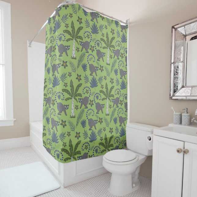 Rideaux De Douche Animaux tropicaux sans soudure motif vert et gris (En situation)