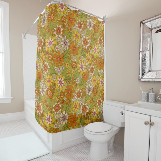 Rideaux De Douche Années 1960, 1970 Vert & Orange Retro Floral (En situation)