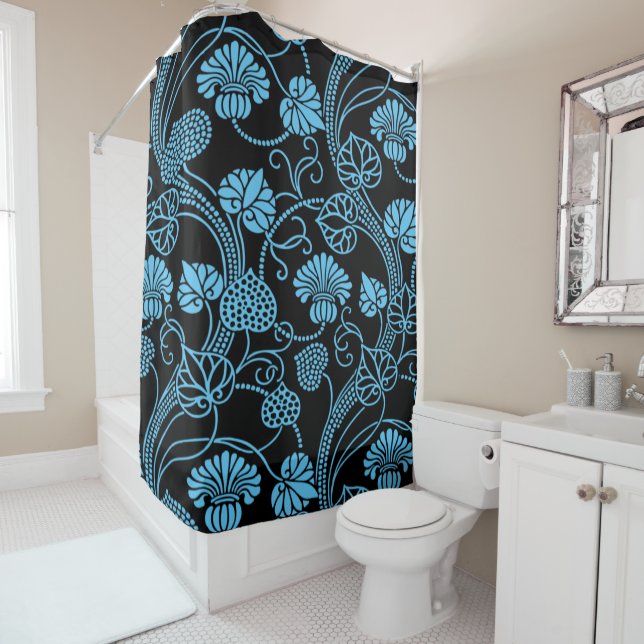 Rideaux De Douche Antique motif floral noir sur bleu (En situation)