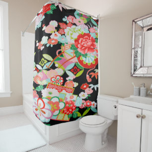 Rideaux De Douche Antique noir rouge japonais Kimono fleurs florales