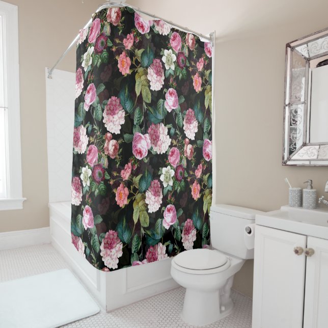 Rideaux De Douche Antique Nostalgale Redouté Rose Motif noir (En situation)