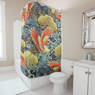 Rideaux De Douche Antique or bleu japonais Kimono Floral Bird