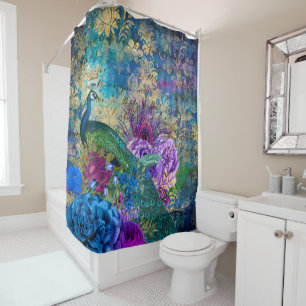 Rideaux De Douche Antique Peacock Illustré & Fleurs Grunge