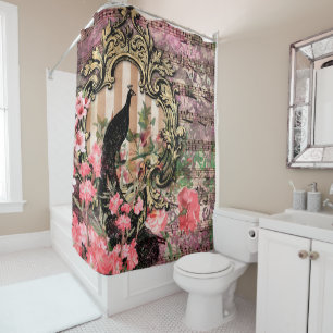 Rideaux De Douche Antique Peacock Illustré & Fleurs Grunge