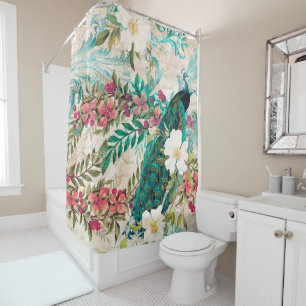 Rideaux De Douche Antique Peacock Illustré & Fleurs Grunge