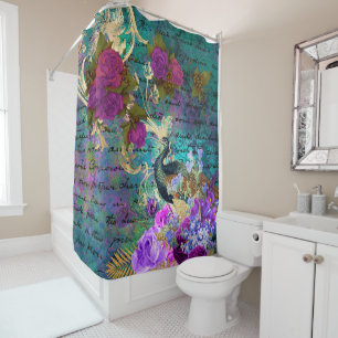 Rideaux De Douche Antique Peacock Illustré & Fleurs Grunge
