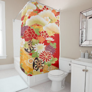 Rideaux De Douche Antique Rouge Blanc Japonais Kimono Floral Flower