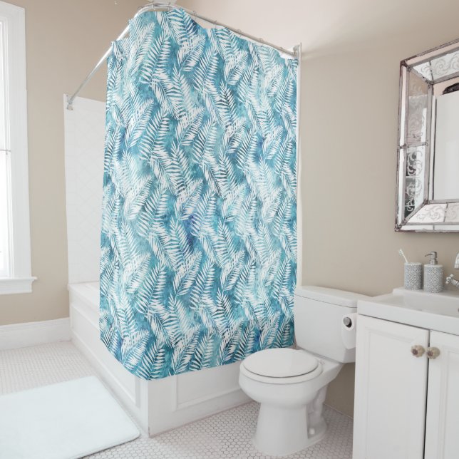 Rideaux De Douche Aqua Bleu Blanc Feuilles tropicaux (En situation)
