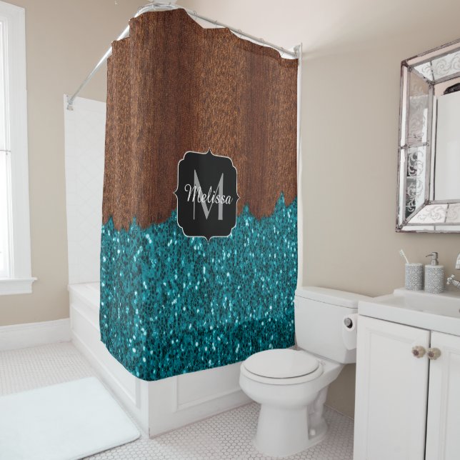 Rideaux De Douche Aqua bleu étincelle bois brun rustique Monogramme (En situation)