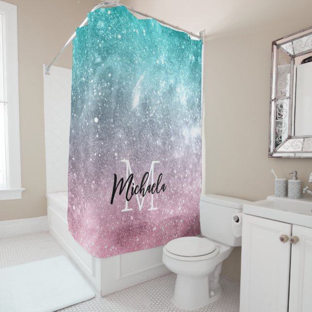 Rideaux De Douche Aqua blue Pink ombre mer galaxie abstraite Monogra (En situation)