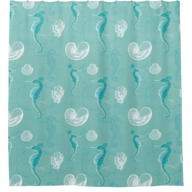 Rideaux De Douche Aqua Cottage Moderne Plage Ocean Seahorse Seashell (Devant)