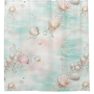 Rideaux De Douche Aqua Ocean Waves & Seashell Pattern (11)