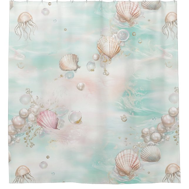 Rideaux De Douche Aqua Ocean Waves & Seashell Pattern (11) (Devant)