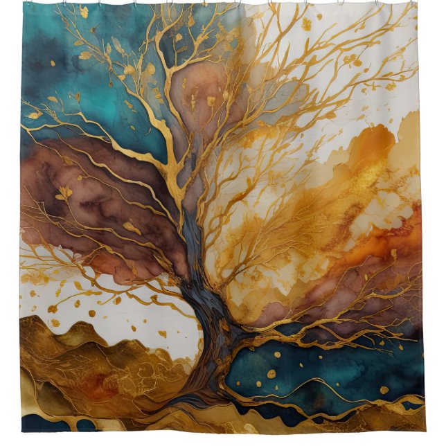 Rideaux De Douche Aquarelle Abstraite peinture de paysage or (Devant)