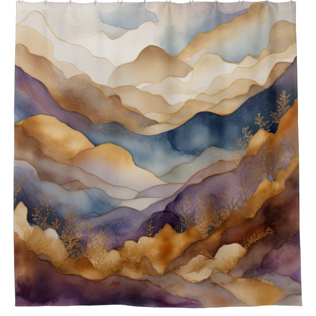 Rideaux De Douche Aquarelle Abstraite peinture de paysage or (Devant)