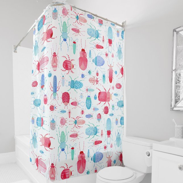 Rideaux De Douche Aquarelle amusante pour les coléoptères et les ins (Watercolor bugs and beetles pink and blue shower curtain)
