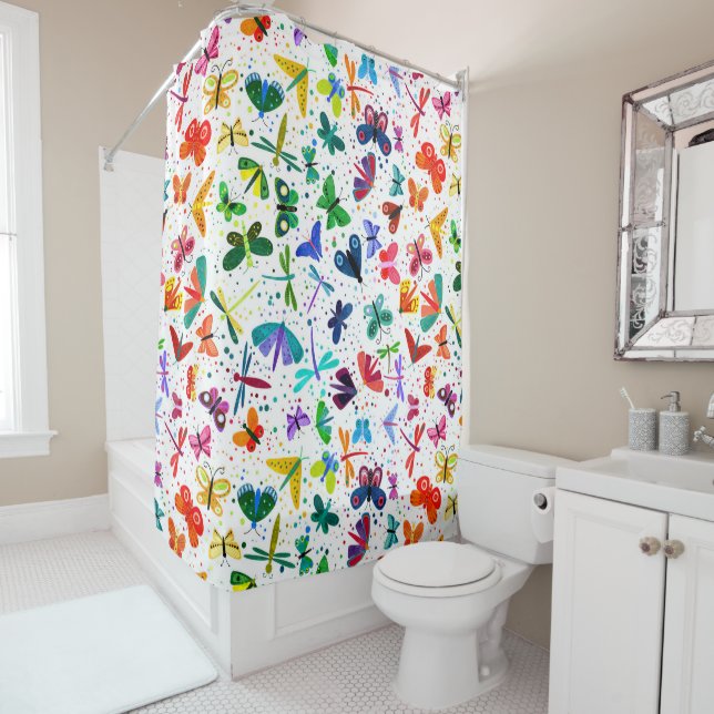 Rideaux De Douche Aquarelle Arc-en-ciel Papillons Motif pour enfants (En situation)