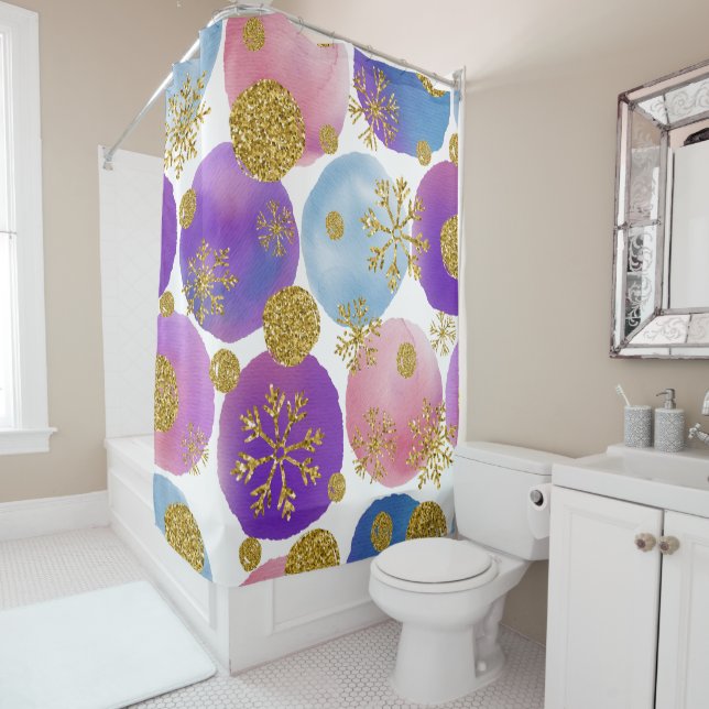 Rideaux De Douche Aquarelle avec Parties scintillant dorées et floco (En situation)
