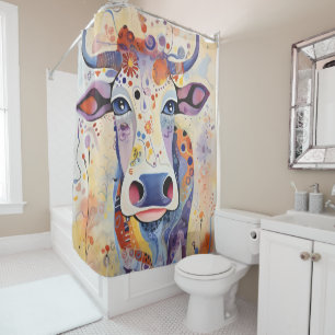 Rideaux De Douche Aquarelle Bleu coloré Whimsical Vache mousseuse