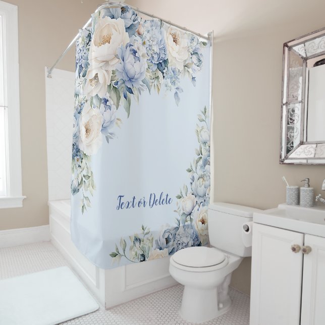 Rideaux De Douche Aquarelle bleu Dusty Fleurs d'ivoire Feuille (En situation)