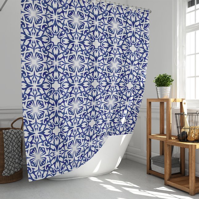 Rideaux De Douche Aquarelle bleu et blanc Motif espagnol Carrelage (Créateur téléchargé)