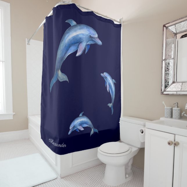 Rideaux De Douche Aquarelle bleu marine Dolphin (En situation)